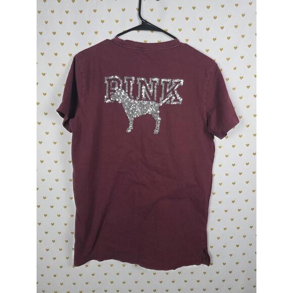 Victorias Secret PINK Maroon BLING Dog Logo Tee Shirt Pocket Silver Sequins SM - Picture 5 of 5